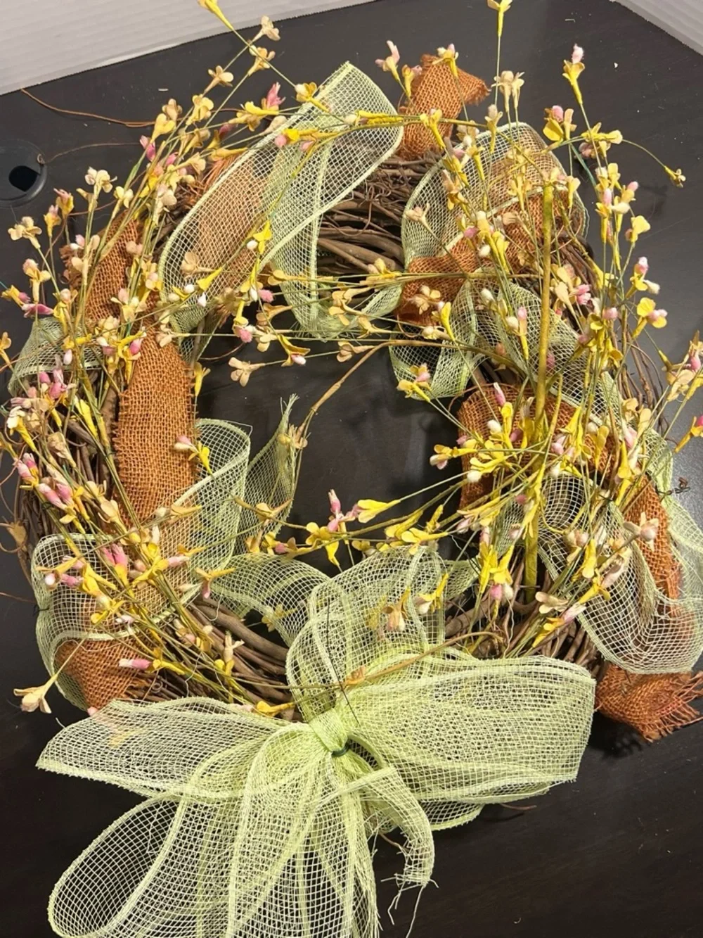 Spring Floral Grapevine Wreath with Pale Yellow Bow